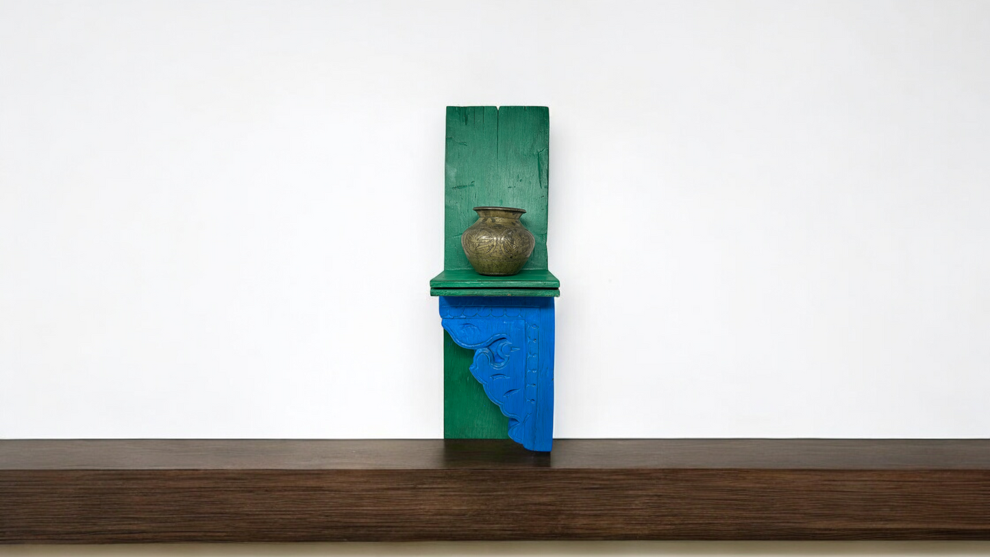 Antique Reclaimed Wooden Wall Shelf Antique Brass Pot Old Brass Vase With Shelf