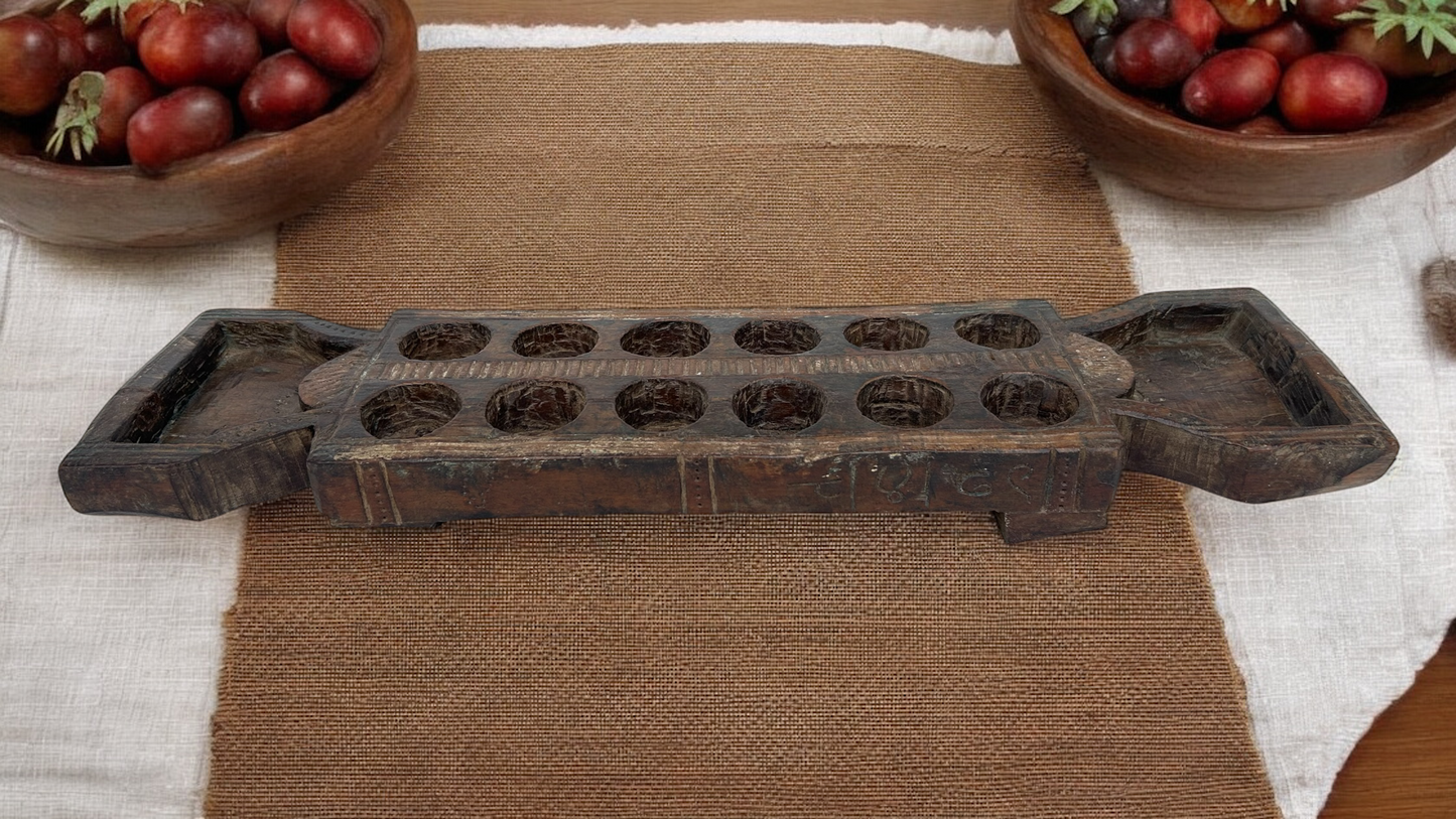 Antique South India Pallankuzhi Game Board Old Hand Carved Wooden Game Board