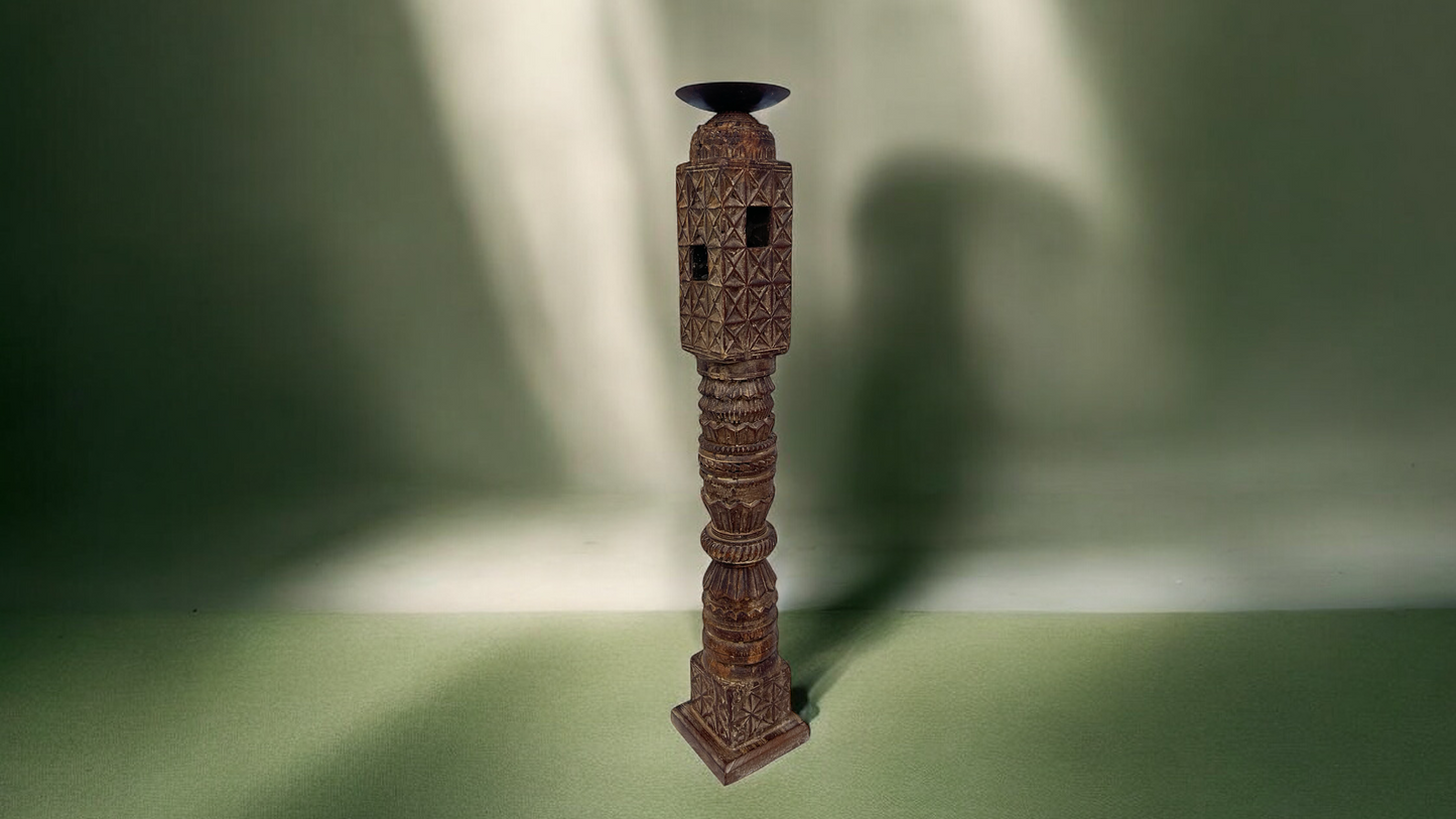 Antique bedpost candle holder hand carved wooden candle holder