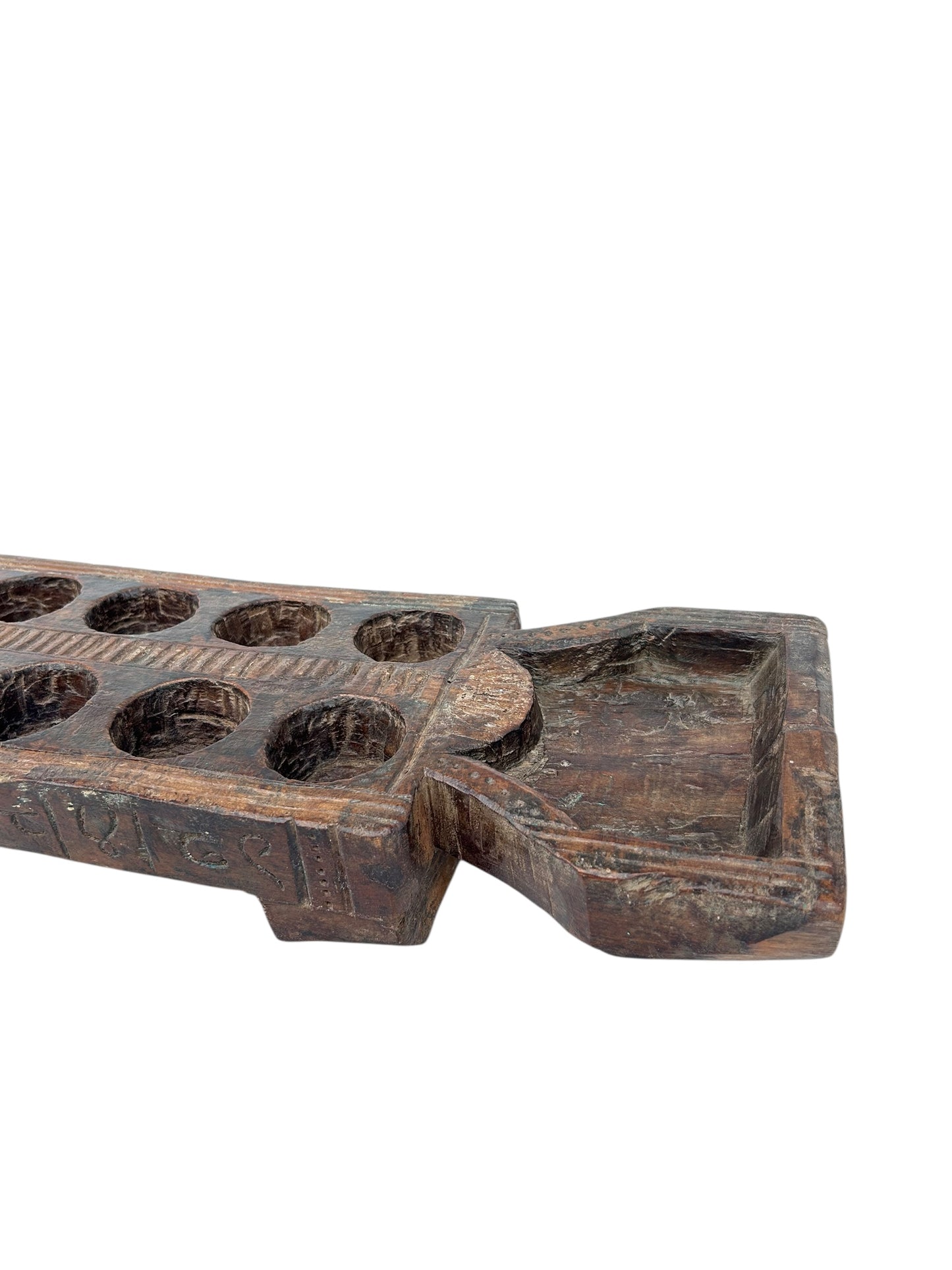 Antique South India Pallankuzhi Game Board Old Hand Carved Wooden Game Board