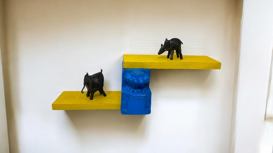 Antique Reclaimed Wooden Bracket Wall Shelf Antique Brass Statue Hand Crafted Camel Elephant Statue