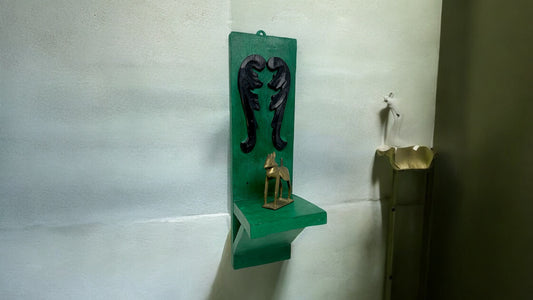 Antique brass horse statue on wall shelf old Reclaimed wooden wall shelf motif fitted wall shelf green painted