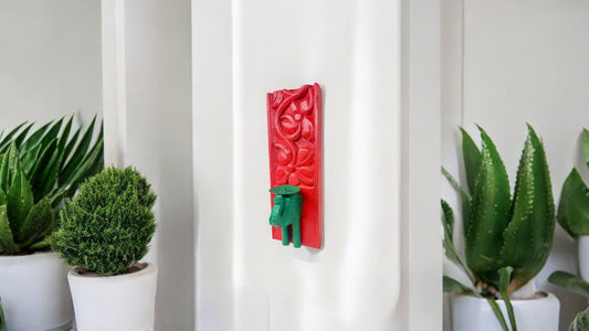 Antique reclaimed elephant candle holder old hand carved wall hanging candle holder hand painted green red candle holder